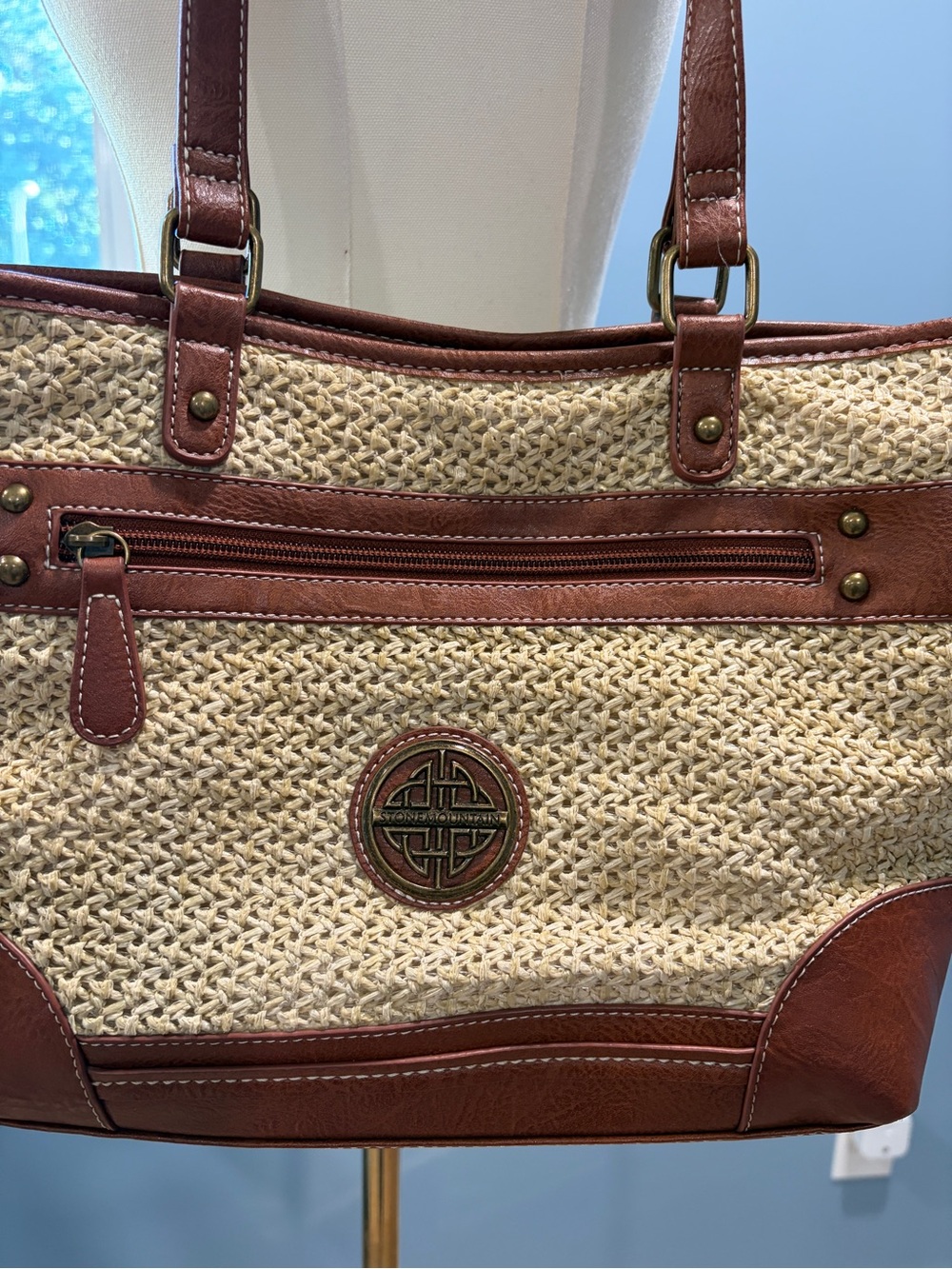 Stone Mountain Straw Woven Tote Bag Cognac Brown Faux Leather Beach Shoulder - Picture 3 of 8